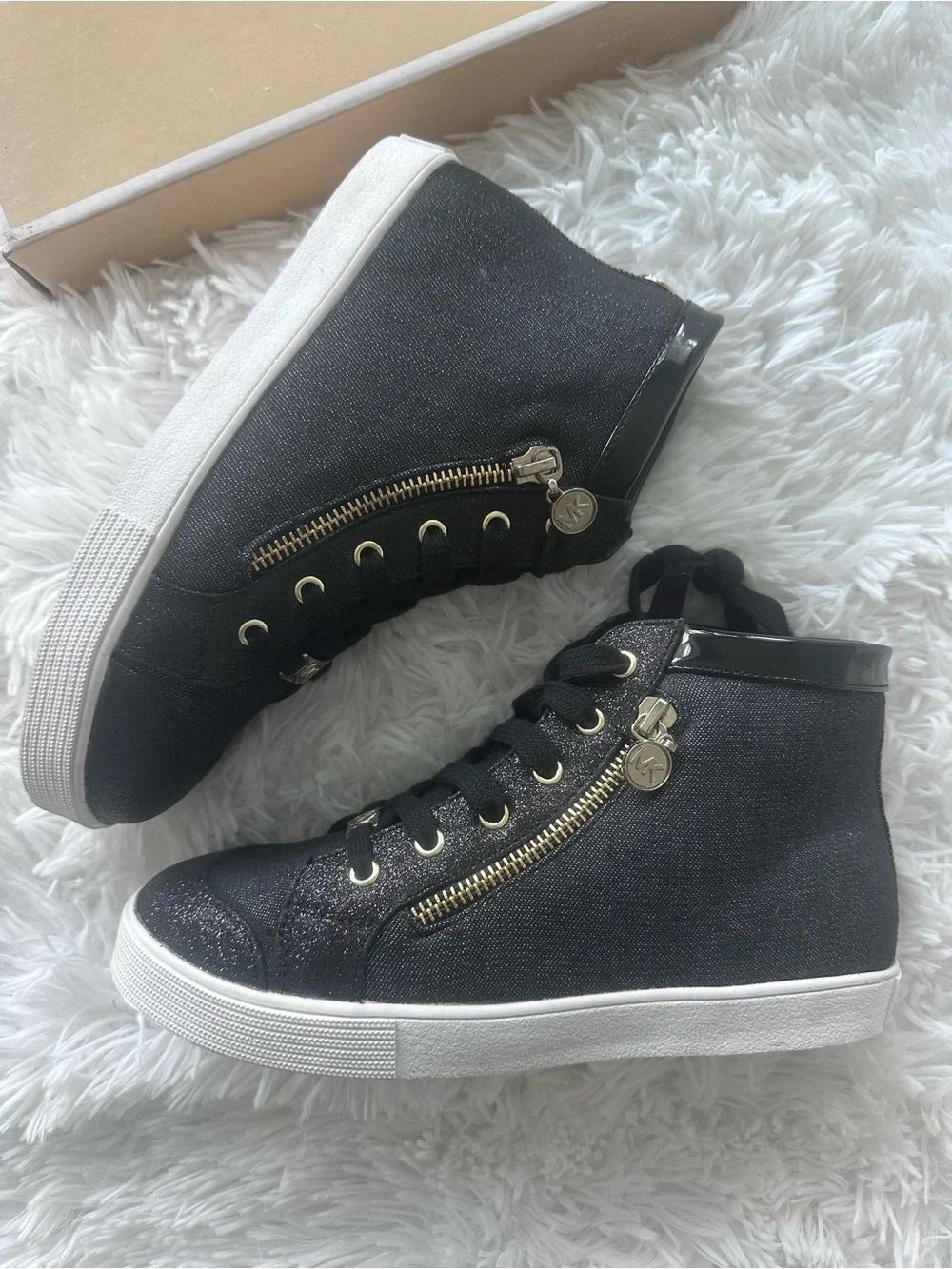 NEW Girls MK Black High-Top Glitter Sneakers with Gold Zip size 4